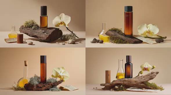 一瓶深琥珀色的护肤精华水置于玻璃中，配有黑色瓶盖，位于画面中心。底部置于一块倾斜、凸起的粗糙不规则形状木材上，木材上覆盖少量青苔。木材右侧放置一株简约的米色蝴蝶兰作为点缀。瓶子左侧添加了一个小型实验室玻璃器皿和实木组件装置，内含少量黄色液体。一张复古处方单随意散落在场景中。所有元素组合成一个微型场景，呈现出整体简约优雅且具设计美学感的构图。背景为浅米色纯色