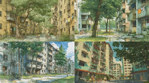 夏季的80年代中国居民区，带有褪色油漆和小阳台的复古公寓楼，孩子们在庭院里骑着自行车、放着风筝玩耍，晾衣绳上挂着衣物，古老的街灯，郁郁葱葱的绿树投下阴影，温暖的阳光透过（照射），夏季雨水打湿的沥青路，怀旧氛围，精细细节的钢笔和水彩插画，柔和半透明的水彩晕染，建筑和树叶的复杂钢笔线条，电影化布光，宁静又热闹的夏日场景