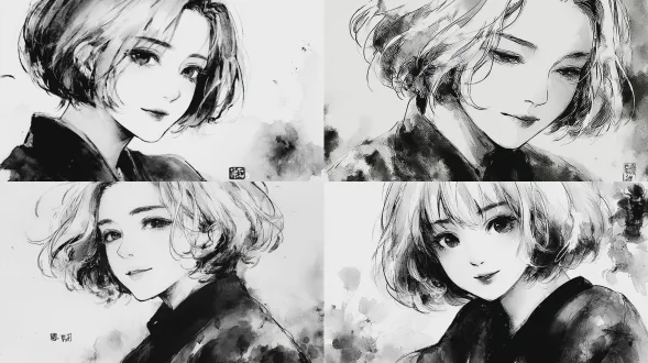 一幅宁静的单色水墨画风格肖像，描绘一位白发女孩，留着短波浪 bob头，棕色眼睛，柔和平静的表情，略微侧视，3/4视角，半身像从胸部中部框到头顶上方，双肩可见，整个头部完全可见，头顶不被裁剪，少量上方空间，紧凑的居中构图，主体充满画面，满版的水墨背景延伸至所有边缘，无空白侧边距，无排版预留空间，微妙的宣纸纹理，仅少量自然墨点（无簇状，无几何标记），朴素简单的服装，手不在画面内