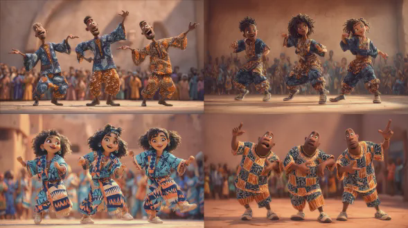 三位非洲舞者正在表演同步的非洲节拍舞蹈，风格化为3d皮克斯风格角色，表情丰富且比例流畅，穿着协调的非洲安卡拉蜡染印花服装，有着靛蓝色、烧焦橙色和奶油色的相同大胆几何图案，每位舞者穿着不同剪裁的定制服装，具备节奏感的非洲节拍步法，伴有韵律的肩部和臀部动作，为动画设计的飘逸织物，带有温暖陶土色调墙壁的简约工作室，柔和的电影光线，柔和的阴影，锁定的宽镜头拍摄，全身可见，高质量3d动画电影风格，色彩斑斓的马赛克干净背景，背景有人群