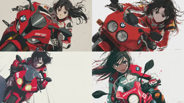 动漫赛璐珞风格，表情欢快活泼，黑色长发带有微妙的红色挑染，身穿红黑白赛车服的女赛车手，骑着一辆带有"nexzter"标志的红色宝马摩托车，高速行驶，动态感十足，发丝随风飘扬，戏剧性视角，纯白背景，充满活力的氛围