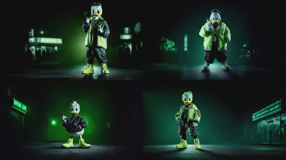 电影质感的城市3d场景， featuring [唐纳德鸭] 重新构想为成年风格的拟人化卡通角色，逼真的动漫风格比例，夸张的面部特征，有富有表现力的眼睛和嘴巴，站在[雨夜街道带有霓虹灯招牌]的夜晚，黑暗粗粝的街区美学，胸前叠戴厚重金链子，奢华街头风服饰[黑色轰炸机夹克，战术裤]，添柏岚风格靴子，自信的黑帮气场， 具有攻击性但又俏皮的态度，[一只手点燃香烟，另一只手握着手枪]，强烈的肢体语言，宽的站姿，肩膀前挺，逼真的皮肤或毛发阴影，高细节的面料纹理，电影低调灯光，霓虹城市灯光反射在潮湿路面，浅景深，背景中模糊的城市人群，街-level 相机角度，戏剧性透视，超细节高端3d渲染，成年动画犯罪电影剧照感，粗粝写实混合卡通风格