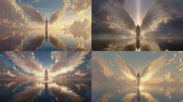 一幅空灵的数字绘画，描绘一位威严的天使立于镜面般的水面上。人物从背后可见，面向一束耀眼光源，形成强烈剪影。天使有着巨大且细节繁复的白色翅膀，在天空中大幅展开，柔和光线捕捉每根羽毛。她身着飘逸、半透明的白色长袍，在水边微微飘动。背景是广阔宁静的天空，布满轻柔蓬松的云朵，神圣的金色光线穿透中心。天使及其翅膀在平静的深蓝色水面呈现完美对称倒影。整体氛围宁静、神圣且 heavenly，色彩基调温暖金黄，光线柔和扩散