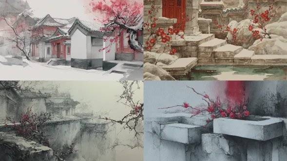这幅作品唤起传统中式美学，具有宋代风格氛围。水墨构图将写实细节与细腻笔触相结合。主导色彩是白色和灰色，展现克制感。一朵红色梅花营造出季节韵律和宁静时光，营造出优雅、宁静且沉思的氛围。背景描绘北京故宫，其红墙、绿瓦和白雪覆盖的景色，展现中国冬至的氛围，其寒冷的韵律和传统中式季节美学