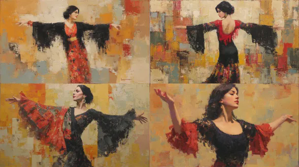 一位身着弗拉门戈服饰的美丽女子，双臂向两侧伸展起舞。她穿着黑红相间、充满挑逗意味的服装。油画背景是温暖的土色调。风格为现代印象派，笔触及色彩搭配为浅橙色、米白色、灰棕色和浅黄色