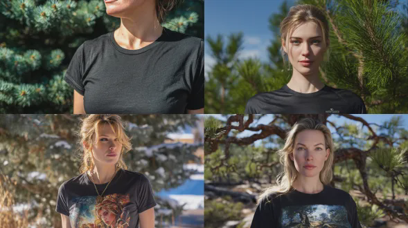 照片级真实感，用于吉尔丹64000黑色t恤的正面平视样机，上衣几乎无褶皱，30岁女性，户外山松树背景，明亮的下午2点光线，尼康d850相机，85毫米镜头，f/1.8光圈，强烈对比，鲜艳色彩