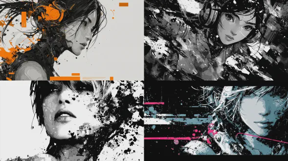 "赛博朋克女孩，机械身躯瓦解成飞溅的黑墨与水墨山水，像素与墨点碰撞，动态碎片化构图，霓虹色调与水墨黑白的对比，故障艺术风格，暗光环境，广角镜头，侧逆光，慢速快门，悬浮感，忧郁眼神，未来科技与传统艺术的融合，强烈视觉冲击。"