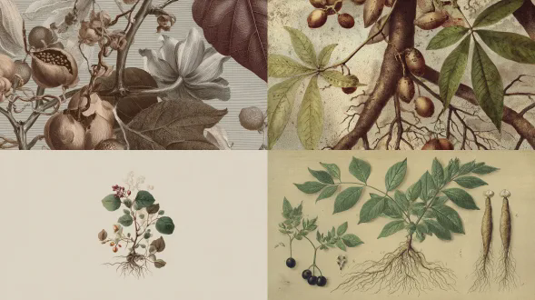 一幅维多利亚时期的药用植物插图，展示暴露的根系、叶片和种子荚，细致的解剖学精确度，克制的大地色调，科学的宁静感，印刷石版画质感，带有轻微的墨水不一致性。高分辨率档案扫描效果，85mm 镜头等效，f/11，iso 100