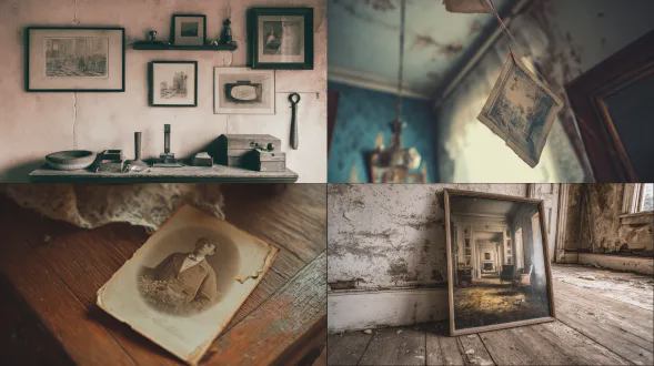 一幅歪斜悬挂的古董版画，略微偏离中心，其瑕疵反而增添了真实感，而非减损价值。编辑室内摄影，35 毫米镜头，f/5.6 光圈，iso 160