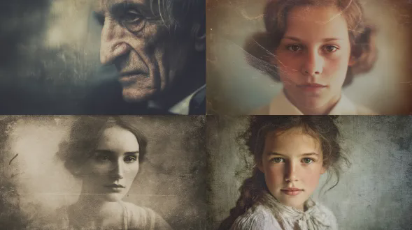 一幅褪色的肖像，带有轻微的划痕和柔和的渐晕，岁月化作氛围。档案肖像复制品，85mm 镜头，f/4，iso 100