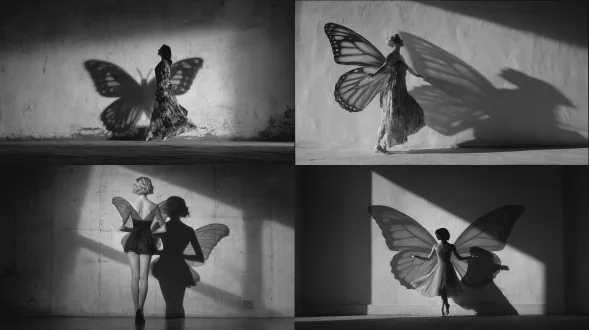 一位背上长着蝴蝶翅膀的女子在墙前跳舞，她的影子投射在墙上，看起来像是展开了蝴蝶翅膀。这幅图像采用黑白摄影风格，模仿蒂姆·沃克的作品，使用柯达胶片和柔和的光线。