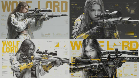 一张专业工作室拍摄的半机械女孩照片，她留着长发，穿着宽松的街头时尚短装，正用步枪瞄准镜头，通过瞄准镜瞄准，远未来的科幻机甲风格，锐利、几何形状的切面，纯黄色单色和银色机械部件，照片写实，杂志封面带有粗体文字“wolf lord”，附有图表、统计数据和示意图，干净、整洁、复杂的内部结构，清洁的滑板文化，流线型现代设计，写实风格的黄色滑板场，深黑色星空背景中点缀着星星，真实感强，严肃且致命