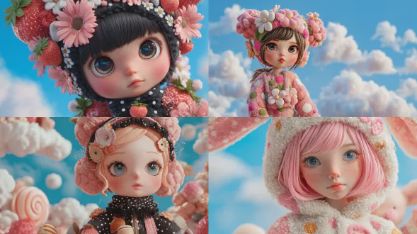 可爱的娃娃，拥有大大的眼睛，穿着带有波点和花朵的淡黑色服装，呈现出 kris utz 和 kawacy 的风格，草莓蛋糕的美学，梦幻的背景搭配蓝天白云，色彩缤纷、生动明亮，以粉色为主色调，柔和的光线，数字艺术，高分辨率，十分可爱。pop mart ip 角色设计，呈现为盲盒玩具。作品展现出精致的光泽，背景干净，采用 3d 渲染/oc 渲染，顶级图像质量，4k 分辨率，极致细节，灯光效果模仿 pop market toysstudio 风格。