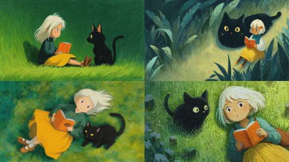 宫崎骏风格，绿色草原背景，黑猫与黄裙白发女孩手握橙色书籍躺在地上，角色特写，手绘粉彩铅笔画，明亮色彩，简洁笔触，简单细节，粗线条，儿童绘本风格