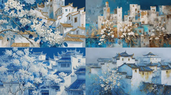 白色与蓝色的花朵，一幅描绘古代中国城市的夜景油画，白色建筑与金色点缀，前景是白色的樱花，树木上覆盖着白色的叶子，月光透过云层洒下，屋顶洁白，笔触细腻，细节精致，建筑工艺一丝不苟，艺术感十足，高清晰度，视觉冲击力强，风格融合了志村光子和天野喜孝的特点