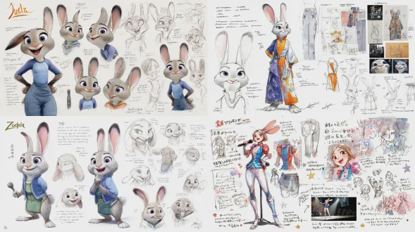 超详细角色设计草图，描绘《疯狂动物城》中的朱迪·霍普斯，白色背景，麦克风和舞台服装材质附英文注释，多角度舞台表情缩略图，水彩彩虹色调+墨水柔和阴影，耳朵配饰透光，活力四射的明星气质，特写镜头，高度细节化