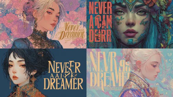 一幅空灵的女性模特身着高级时尚服饰的封面艺术，带有粗体风格的“永不做梦者”文字，采用詹姆斯让和阿泰·盖兰风格的细致插画，动漫风格的角色设计，大胆的色彩与图案，超精细插画，超写实波普艺术，超逼真，梦幻氛围，具有电影感