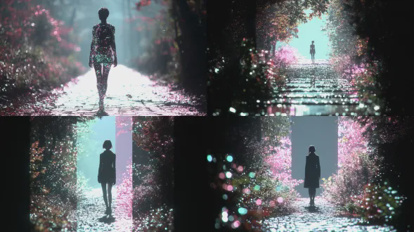 双重曝光或一位女子站在被秋 foliage 环绕的鹅卵石小径上，找寻树木、自然的动物。一条双重曝光的画面穿过女子中心是一条小径，在树林中，有徒步者，树上是秋色