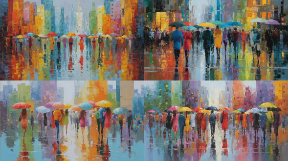 一幅雨中人们打着伞行走、色彩斑斓建筑的城市风光抽象画，以印象派艺术风格呈现。背景充斥着红、黄、绿、蓝、白等鲜艳色彩，营造出热闹氛围。近景视角聚焦于潮湿表面的反光、织物纹理以及动态笔触来捕捉动感。画面高分辨率、高质量、清晰度高且超写实
