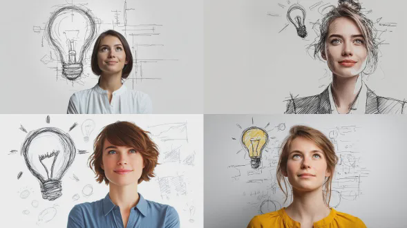 描绘一个灯泡漂浮在一位女性专业人员头顶上方，看着镜头，人类乐观精神，it环境，纯白色背景，线条简洁，铅笔轮廓素描