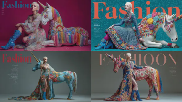 《时尚》杂志封面，一位蓝发女性模特，身着色彩鲜艳的哥特风高级定制礼服和蓝色靴子，在一匹刺绣的独角兽旁摆姿势，色彩鲜艳，风格为叶哈