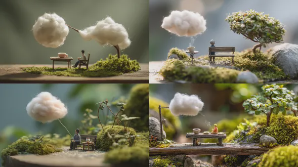 一幅移轴摄影作品，展现远离繁忙城市的宁静微型花园角落。一个小小的微型人独自坐在一张小长椅上，抬头望着悬浮在空中的一朵小小的棉花状云朵。他们旁边的桌子上有一个小小的茶杯。宁静柔和的阳光，郁郁葱葱的青苔，微距细节，浅景深