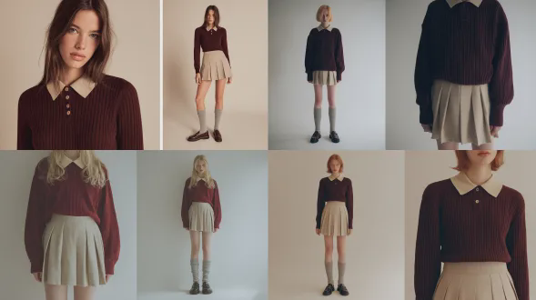 聚焦服装的时尚编辑摄影，无包、无标识、无文字，上衣：一件深酒红色罗纹针织长袖马球毛衣，有精细竖条纹纹理，是柔软羊毛或棉混纺针织材质，经典马球领为米白色，干净简约，修身却宽松，自然垂坠至腰部，袖子略长，营造低调预科生氛围；下装：一条米色百褶迷你裙，面料结构感强又柔软，带微妙羊毛或花呢纹理，是经典校服轮廓，高腰设计，褶距均匀，膝上长度，有优雅且青春的比例；造型：搭配灰色罗纹中筒袜、黑色无扣无金属硬件的简约皮革乐福鞋，整体氛围是现代预科风、知性、青春优雅，具缪缪风格启发的美学且无品牌参考，展现低调奢华、低调女性气质；构图与灯光：全身站立姿势，中性姿态，柔和米白色或浅灰色干净工作室背景，柔和漫射灯光，脚下有自然阴影，是编辑现实主义的高端时尚型录风格，相机平视角度，50mm镜头效果，聚焦面料纹理和轮廓，无配饰、无包、无标识、无品牌