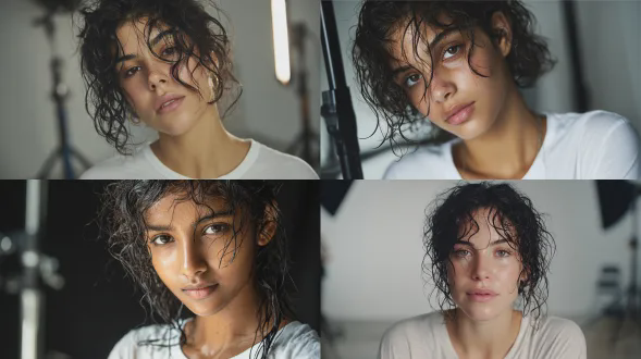 一位年轻女子直视镜头。聚焦极致皮肤真实感：可见张开的毛孔、脸颊上的毳毛（桃色绒毛）、轻微的皮肤泛红、痣和自然不均匀的色素沉着。零妆容，零磨皮。她的头发乌黑且湿透，凌乱地结块，仿佛刚从淋浴中出来。她穿着一件简单的略显潮湿的白色t恤。背景是模糊的摄影工作室，可见黑色的灯光架。光线明亮且强烈，投射出凸显皮肤纹理的微阴影