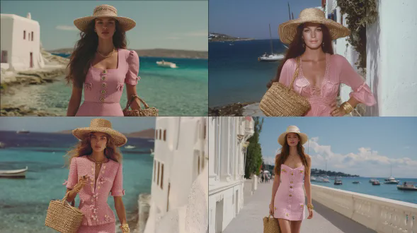 一件粉红色、宽松、直筒剪裁的短袖迷你连衣裙，正面有粉红色亮片门襟，点缀着三个小蝴蝶结。这位30岁的美国超模留着深栗色长发，戴着宽边草帽，提着草编包。她戴着一条粗金手镯。她在海边的白色建筑附近漫步。照片清晰，造型专业
