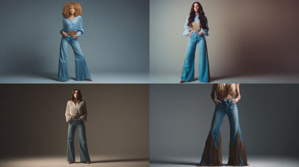 一位美丽的21岁女性，穿着超大高腰牛仔喇叭裤，侧边有长流苏装饰，复古西部时尚风格，柔和专业布光，高细节，全身照，摄影，手插兜的女性，能清晰看到面料，高分辨率，高质量产品摄影，真实布光，超细节，穿鞋，站立姿势，穿鞋，极简工作室背景