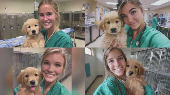 一张20多岁迷人女护士的照片，她有着金色长发和棕色大眼睛，穿着绿色手术服，站在动物医院病房里抱着一只可爱的金毛幼犬。护士对着镜头微笑，这张照片于2023年夏天发布在snapchat故事上