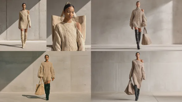 想象提示：高级时尚工作室拍摄，极简主义风格，具有照片写实感。高个女子向前行走，全身镜头，中性灰色混凝土背景，柔和漫射日光，清晰阴影。着装：米色超大缆针织毛衣连衣裙，不对称露肩设计，长纹理袖子；黑色高跟麂皮过膝袜靴，贴合身形，刚好在膝盖上方；大号麂皮托特包，色调相配。头发顺滑后梳，淡妆，自信迈步，优雅姿态。针织品与皮革细节超高，纹理真实，对焦清晰，单色米色 - 沙色调为主。