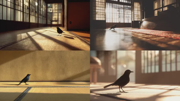 一只从远处精确呈现的可爱活泼的黑鸟，在阳光普照的空旷榻榻米地板上沿着光亮的墙壁跳跃，风格是具有平静与禅宗和谐的鼓舞人心的摄影