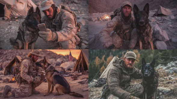 抓拍一张10秒4k24帧视频的画面——无滤镜，呈现原始真实生活质感。场景：黄昏时分的山地军营：多岩石的地形，散落着篝火石块，边缘磨损的帆布帐篷，挂在帐篷杆上的水壶；美国国旗在清新的山风中飘扬，温暖的紫粉色黄昏光线。人物：30岁白人男性士兵（短胡子，山地迷彩服——膝盖有岩石灰尘，战术无檐小便帽拉低，结实的手套）半蹲着：一只手拿着手机（自拍角度，镜头有微弱灰尘污迹），另一只手环绕着一只黑棕色德国牧羊犬的脖子（厚实的毛发，带加固带的军用战术背带，耳标标记“k9-189”），狗紧挨着坐着。动态：士兵的夹克在风中飘动；狗将头靠在他胸前，尾巴轻轻摆动。氛围：风声呼啸，远处篝火噼啪作响；细节：制服裤上有岩石划痕，无檐小便帽边缘磨损，狗的毛发上缠着松针，手机壳被岩石刮花