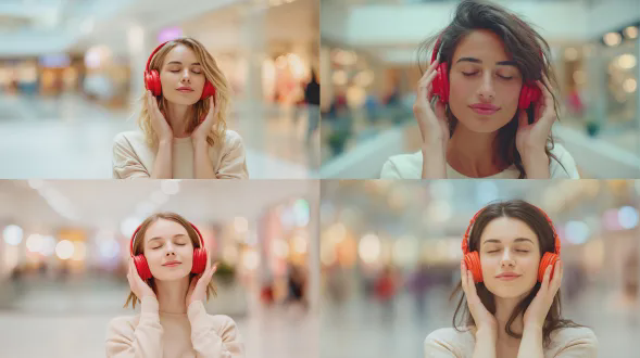 一幅高端时尚生活方式宣传照片，展现一位年轻欧洲女性闭着眼睛在室内享受音乐。她戴着醒目的红色头戴式耳机作为主要视觉亮点，双手轻轻握着耳机。她的表情平静、安详且真正愉悦。她穿着简单、干净的浅 pastel 色调服装。色彩自然逼真，不夸张。背景简约不突兀，仅隐约暗示现代购物中心室内环境，大幅模糊并带有柔和的散景效果。柔和的自然室内光线，真实的曝光，平滑的阴影，浅景深。清新、明亮且通透的氛围。高端生活方式宣传美学，真实摄影，无文字，无标志