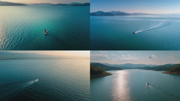 一艘小船驶向远方，广阔湖面阳光闪烁，简约真实风格，佳能eos r5，真实照片，航拍构图，广角镜头，f/8光圈，黄金时刻侧光，水面波光粼粼，宁静致远，蓝绿冷色调，平静祥和。