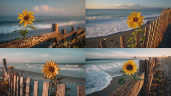一朵色彩鲜艳的黄色向日葵清晰对焦，伫立在古朴陈旧的木栅栏旁，背景是纯净的沙滩。向日葵的花瓣半透明，在夕阳的逆光下闪闪发光。背景中，蓝绿色的海浪轻柔地拍打着海岸，泛起白色的泡沫。天空是清澈的暖色调渐变，从琥珀色到柔和的粉红色，只有几朵纤细、轻盈的卷云慵懒地飘浮着。采用类似instagram风格的色彩分级，高对比度、鲜艳的暖饱和度，以及明亮清晰的高光。用35mm镜头以f/2.8拍摄，捕捉木纹和沙粒的细微细节，而远处的海洋则有柔和的散景效果。整体氛围轻松、宁静，充满夏日气息