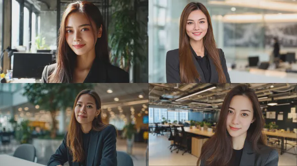 写实照片风格，描绘一位25岁的亚洲女性，留着又长又直的深棕色头发，头发非常浓密厚重，身着深色西装外套，拍摄半身像，坐在现代办公室的办公桌前。背景是公司风格的办公室内部，有一株大型橡胶树，使用佳能2000d相机拍摄，阳光明媚的清晨光线，杂志风格