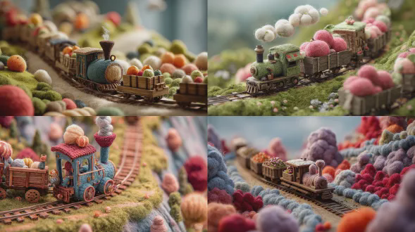 一个写实的 3d 针毡景观，展示了一辆设计成[水果]形状的奇幻蒸汽火车头，牵引着满载微型羊毛毡[水果]的木制车厢。列车沿着蜿蜒的轨道穿过一片拥有充足空间的[景观]。场景以柔软蓬松的羊毛质感、移轴效果和浅景深为特色