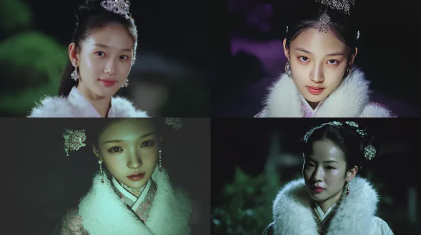 中近景，人物占画面高度约五分之四，微仰视角。古风园林夜景，背景几乎全黑，像在昏暗灯光下用闪光灯拍摄的iphone照片。人物：日韩感脸型，右眼下方小痣，淡粉唇色，古风高位盘发，配成对步摇发饰与白色毛绒披肩。气氛：安静温柔、略带疏离。