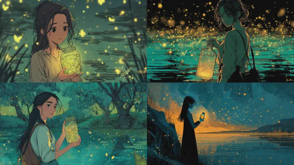 卡通手绘插图，梦幻氛围，发光色调。一个温柔的女孩手捧装满萤火虫的玻璃瓶，站在被点点灯光包围的湖边。水面上倒映着柔和光影。金黄与青绿色主调，黑色线描，漫画风格，高清品质。