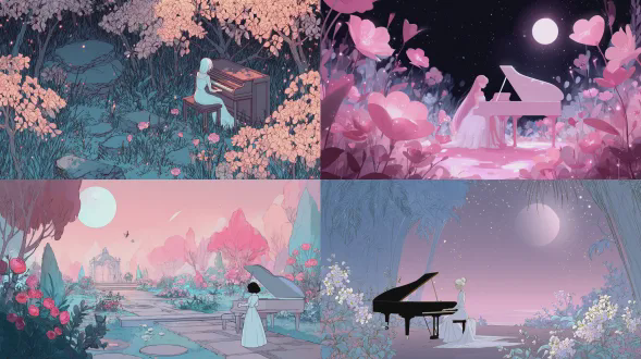 卡通手绘插图，唯美诗意氛围。月亮形花园中，一位身穿白裙的女孩弹奏着透明钢琴，四围花朵微光闪烁。浅粉、银蓝渐变色，清晰线描，漫画美学，高清清晰画质。