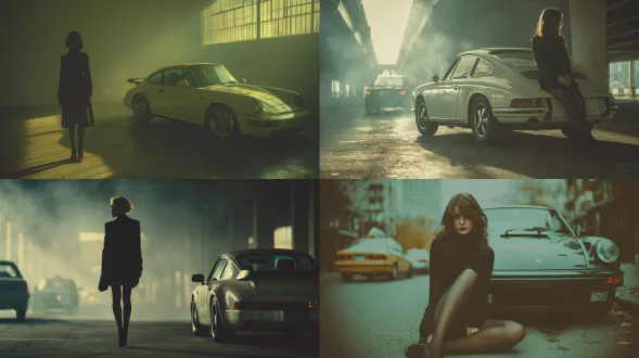 电影感复古胶片摄影，温暖低饱和色调带微妙黄绿调，柔和漫射自然光，强烈阴影，胶片颗粒质感，轻微动态模糊与浅景深，极简黑色装束，时尚女模特身着黑色连裤袜，白色保时捷 911 跑车在室内漂移留下轮胎痕迹与烟雾，都市街景与出租车，忧郁而优雅的氛围，负空间构图，90 年代时尚广告美学，编辑风格，高细节，35 毫米胶片质感 -