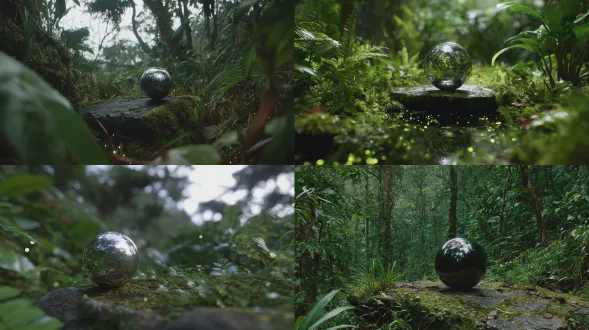 电影感的低角度镜头，略微向上透过茂密的翠绿色草丛朝向丛林边缘，焦点主体是中间位置的天然岩石平台（风化的石基座，有苔藓、湿润光泽、小植物），顶部有一个抛光镜面金属球悬浮在岩石上方15 - 30厘米处，球体上完美锐利地反射出草丛、树冠和天空的镜像，力量感与动感：活的藤蔓像能量卷须般螺旋环绕平台和球体，叶片丝带和小叶片碎片在受控的漩涡中环绕，可见风线和漩涡路径，环绕的叶片有细微动态模糊，隐约的翠绿色光环呈螺旋状盘绕，地面附近和球体周围有柔和的发光绿色雾气（非霓虹色），散落着小绿色火花状生物发光微粒、发光孢子、萤火虫般的粒子，偶尔有更明亮的绿色闪光，环境是受妙蛙种子启发的生态系统，无任何角色，圆形球茎状苔藓丘，超大心形叶子，背景有茂密的丛林下层植被，垂挂的藤蔓、蕨类丛、分层的树冠轮廓，光线透过树叶射入，浓厚的大气深度，体积雾和神射线，潮湿的丛林空气，电影感对比度，深阴影中有绿色反射光，清晰的前景草丛散景框住主体，渲染和相机：超精致的高端3d环境，基于物理渲染，光线追踪全局光照，树叶的次表面散射，微观细节的草和叶脉，湿润表面有真实反射，电影视觉特效质量（维塔数码、dneg、天际线），35毫米变形宽银幕效果，浅景深锁定在岩石平台和悬浮球体上，细微的镜头光晕，柔和的电影颗粒，电影色彩分级
