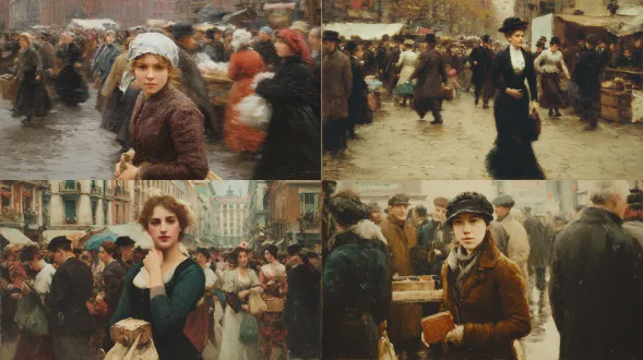 一位目光警觉的女子，在拥挤的市场中，一位目光敏锐、警觉的女子在拥挤繁忙的市场中穿行，她的手保护性地放在钱包上，一幅充满活力的19世纪现实主义风格油画，旨在捕捉热闹城市街道场景的瞬间，构图将一个自信的人物置于前景面对观者，街道和人群的背景用快速、手势性的笔触模糊处理，营造动态氛围并突出前景人物，调色板丰富和谐，带有复古棕色色调