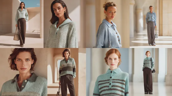 一位32岁的美国高加索女性模特穿着一件浅蓝色针织毛衣，上面有细的、间隔较宽的深棕色条纹，以及带有对比色纽扣的半开领。她穿着深棕色宽腿休闲裤。这套服装轻便，适合春季。她穿着配套的休闲鞋。模特手持一个手提包，全身展示在一个简单、光线明亮的建筑空间中，背景模糊