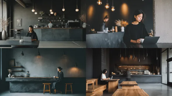在极简主义的纯黑咖啡店内部呈现电影编辑场景，哑光黑墙、炭灰色混凝土地面、熏黑钢饰件、线条简洁，柔和温暖的实用照明。一位时尚年轻的亚裔美国女性坐在黑色石桌旁，打开笔记本电脑，拿着陶瓷咖啡杯，姿态优雅、专注，透着平静自信。背景：非裔美国咖啡师在柜台后轻柔模糊地移动，柔和运动模糊，氛围宁静，装饰简约，大量负空间。用35毫米电影镜头拍摄，浅景深，奶油般的散景，电影质感的高光，柔和颗粒，高端编辑构图，忧郁但宁静