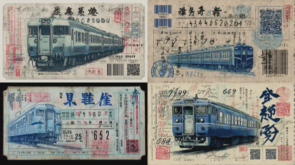 一张带有四位数手写文字的老式火车票，带有手绘的蓝色复古日式火车图形，装饰有多个条形码、二维码和油墨排版，背景充满复古纸张纹理，整体设计散发怀旧魅力