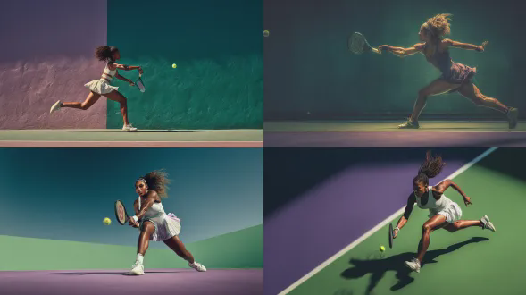 体育摄影，一位女网球运动员在绿紫色网球场背景下击打正手的动态瞬间，有力的身体姿态，飞扬的头发和裙摆，明亮的自然日光，清晰的肌肉线条和运动装备细节，高清，电影色调，锐利对焦与浅景深虚化背景，佳能eos r5搭配广角镜头拍摄的紧张捕捉瞬间，f/8光圈，8k超高清质量，自然光影层次，电影构图，体育摄影大片风格