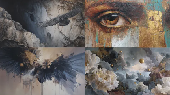 受具象作品启发风格的旧油画，黑与铜色调，历史油画肖像，红色滴落颜料，丝绸布料，漂浮铬珍珠，透明蛾翼，靛蓝与象牙色，奇幻科幻插画，厚重笔触，白与天蓝色，金色颜料，天使风，鸟风，花风，深渊，人类恐惧